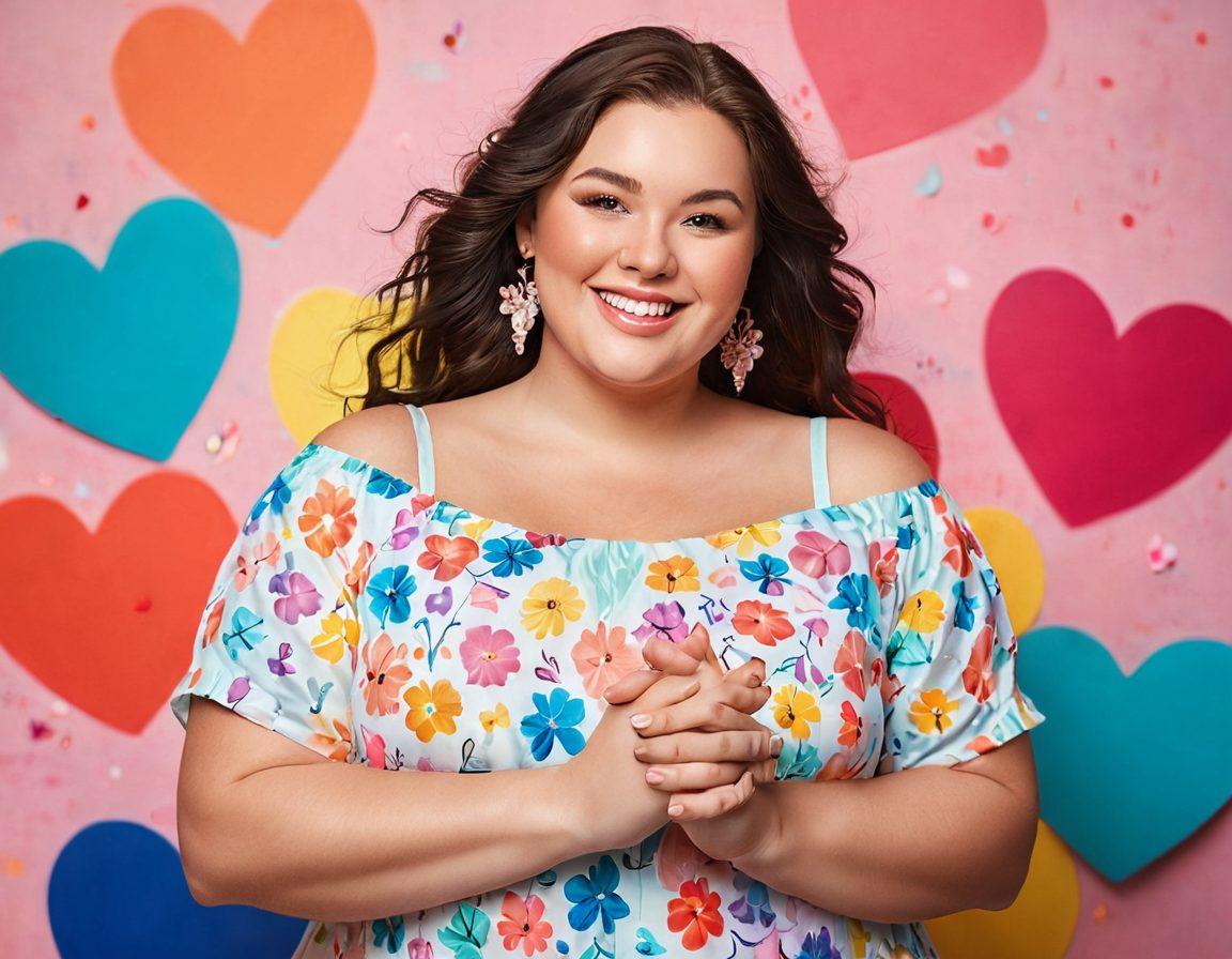 A confident plus-size individual playfully engaging in flirtation, surrounded by vibrant hearts and subtle romantic symbols. The background features an abstract blend of soft pastels and bold colors to represent confidence and charm. The character exudes joy and self-assurance, with a spotlight effect showcasing their dynamic pose. Include elements that symbolize relationships, such as intertwined hands or blooming flowers. super-realistic. vibrant colors. soft gradient background.